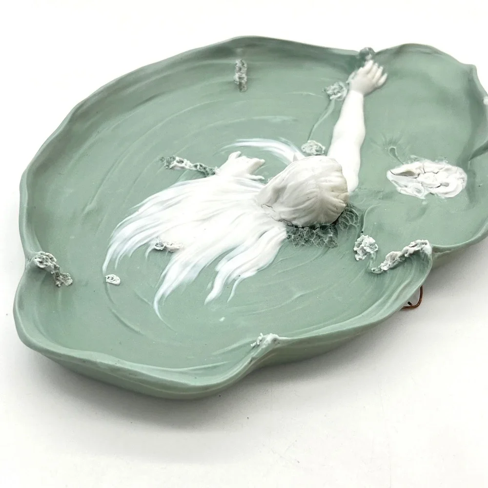 Art Nouveau Ceramic Maiden Lily Pad Tray Sage Green White Sculptural Relief 8.5